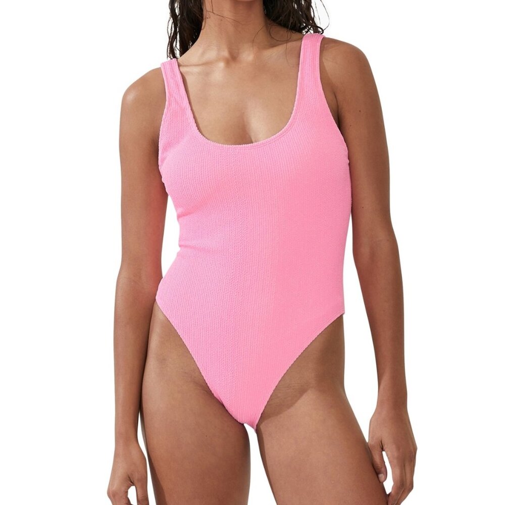 Cotton On Women's Crinkle One-Piece Swimsuit Low Back Malibu Pink size L